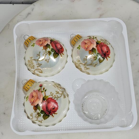 Vtg Christmas by Krebs Rose Ornaments Hand Decorated Glass Ball Crowned Set of 3 - Picture 4 of 16